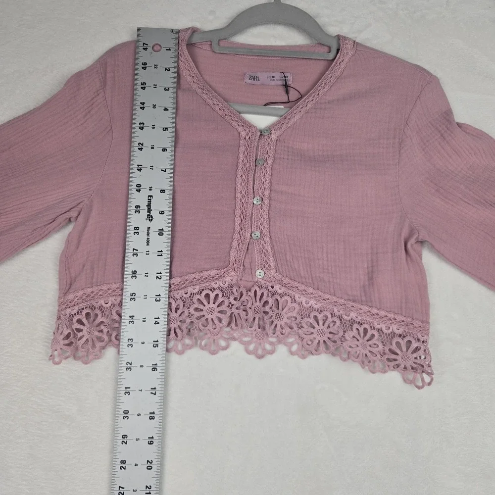 NWT Zara Womens Pink Lace Cropped Blouse Size‎ 10 Long Sleeve Cropped